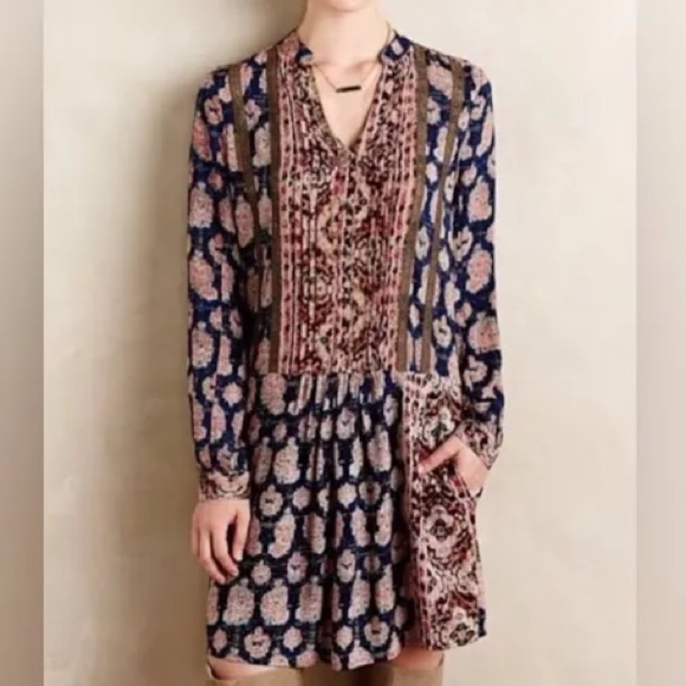 Anthropologie Tiny Paquerette Shirt Dress long sleeve pleated bib front small